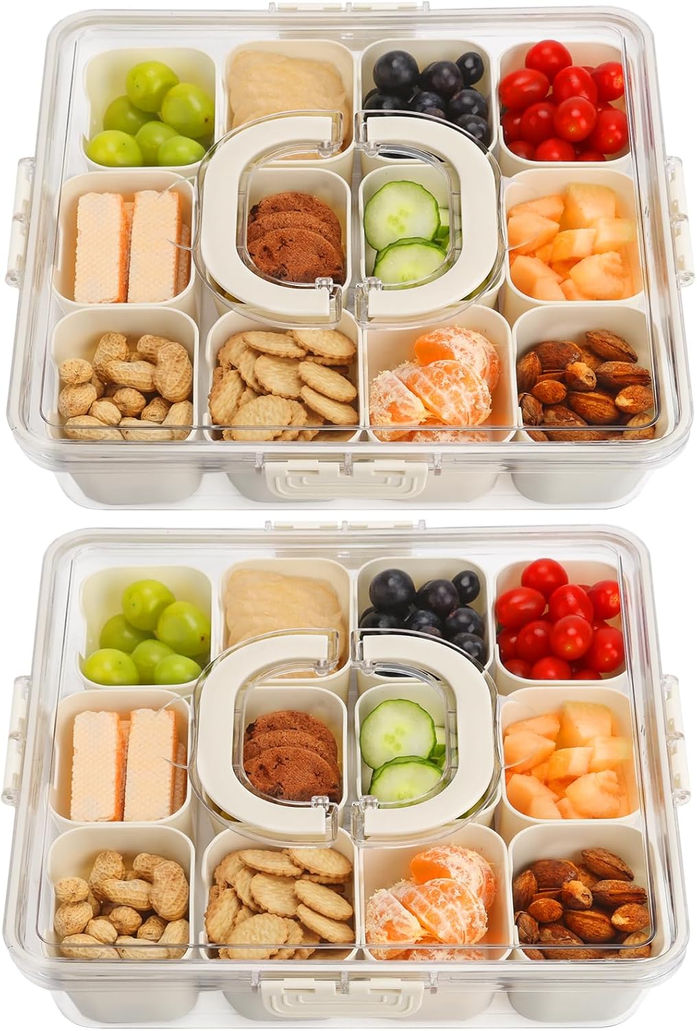 2Pcs Snackle Box Container, Divided Serving Tray with Lid and Handle, Snack Box Container Food Platter Charcuterie for Party, Veggies, Snack, Fruit, Nuts, Entertaining, Picnic, LARGER SIZE