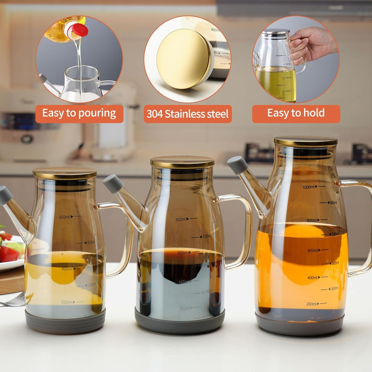 Large Glass Oil Dispenser Bottle for Kitchen Cooking Recipiente Para Aceite De Cocina Olive Oil Vinegar Dispenser Cruet Stainless Steel Lid No Drip Liquid Container (Champagne, 27oz / 800ml)