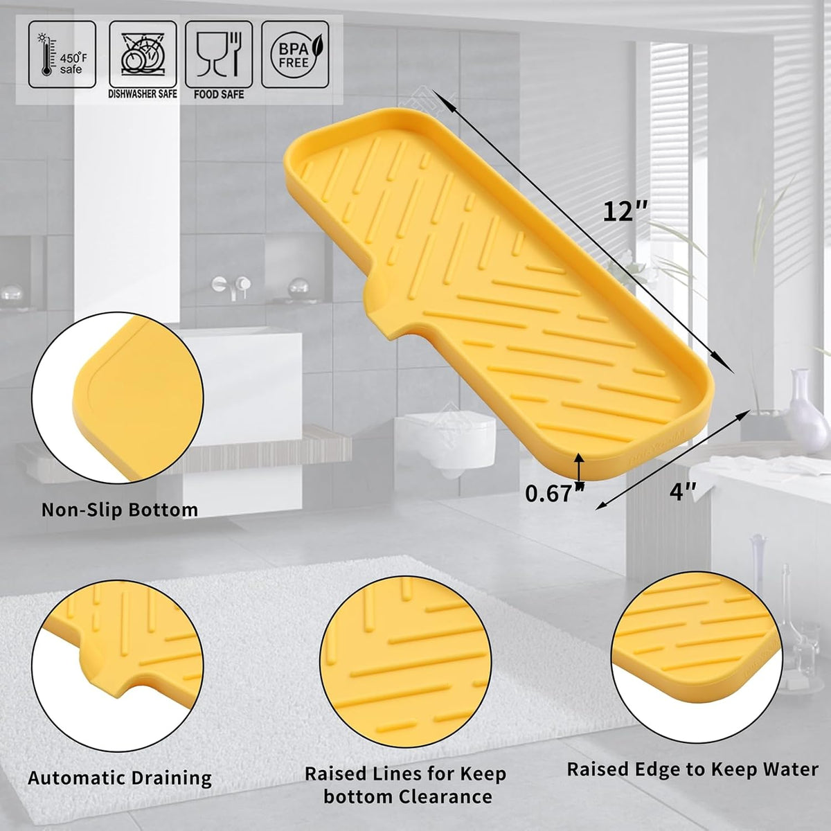Silicone Bathroom Soap Dishes with Drain Spout-Bathroom and Kitchen Sink Organizer,Sponge Holder,Dish Soap Tray,Perfect for Dispenser,Scrubber,Bottle,Cup on Sink or Counter-Yellow 12"×4"