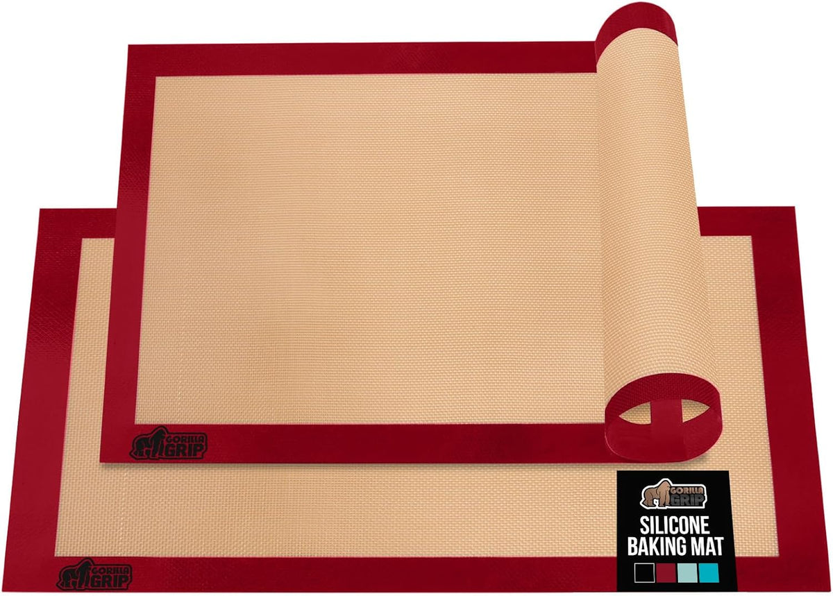 GORILLA GRIP Reusable Nonstick Silicone Baking Mat, 2 Pack, 16.5x11.87, BPA-Free Oven Safe Food Liner, For Cookie Sheets, No Mess Easy Clean Pastry Mats, Kitchen Essential, Half Sheet Size, Red