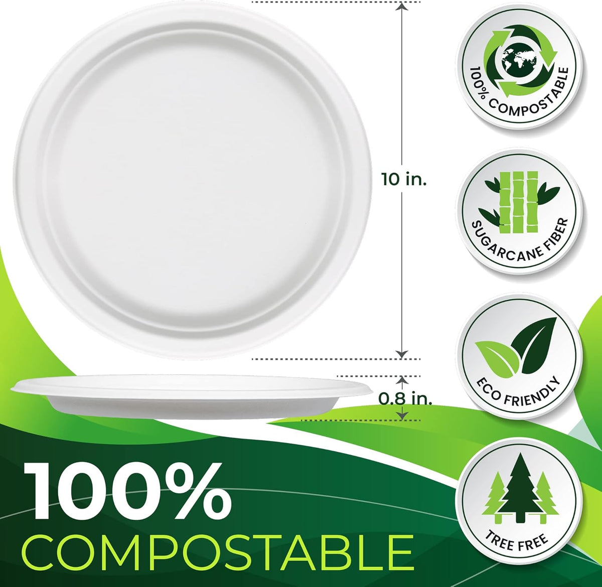 150pcs 100% Compostable Paper Plates (10in), Heavy Duty, Eco Friendly, Biodegradable Made of Sugarcane Fiber