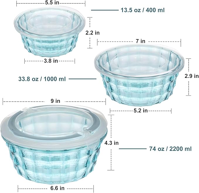 Taiuloo 3-Piece Salad Bowls with Lids, BPA Free Plastic Meal Prep Containers To Go for Lunch, Kitchen Food Storage & Serving Bowls for Salad, Snack, Fruit, Veggie, Blue