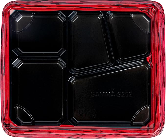 Restaurantware-Bento Tek 18.3 Ounce Meal Prep Containers, 50 Disposable To Go Food Boxes - Lids Sold Separately, 5 Compartments, Red And Black Plastic Bento Lunch Boxes, Freezable, For Take Out