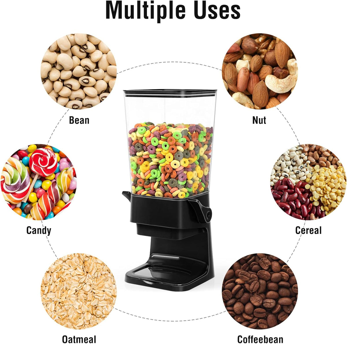 Cereal Dispenser Countertop Dual Dry Food Dispenser Large Cereal Containers Storage Organizer Dispensador De Cereales Candy Machine Rice Dispenser For Snack,Nuts, Granola(Black,1PC)