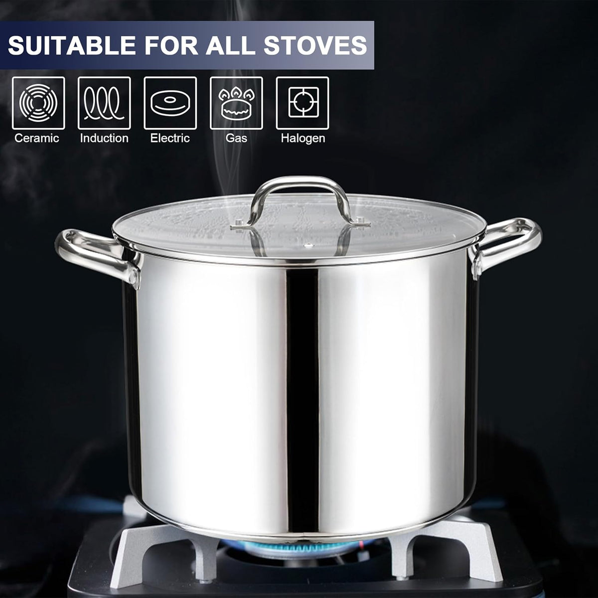 14 QT Stainless Steel Large Stock Pot, LIANYU Heavy Stockpot with Glass Lid, Deep Soup Canning Pot for Stewing Simmering, Tri-ply Base for Induction, Halogen Cooktops, Dishwasher Safe