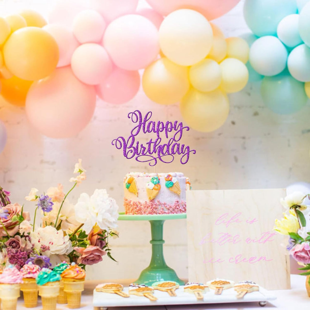 ZHUOWEISM 1 PCS Happy Birthday Cake Topper Glitter Happy Birthday Cake Pick for Celebrating Happy Birthday Anniversary Party Cake Decorations Supplies Purple