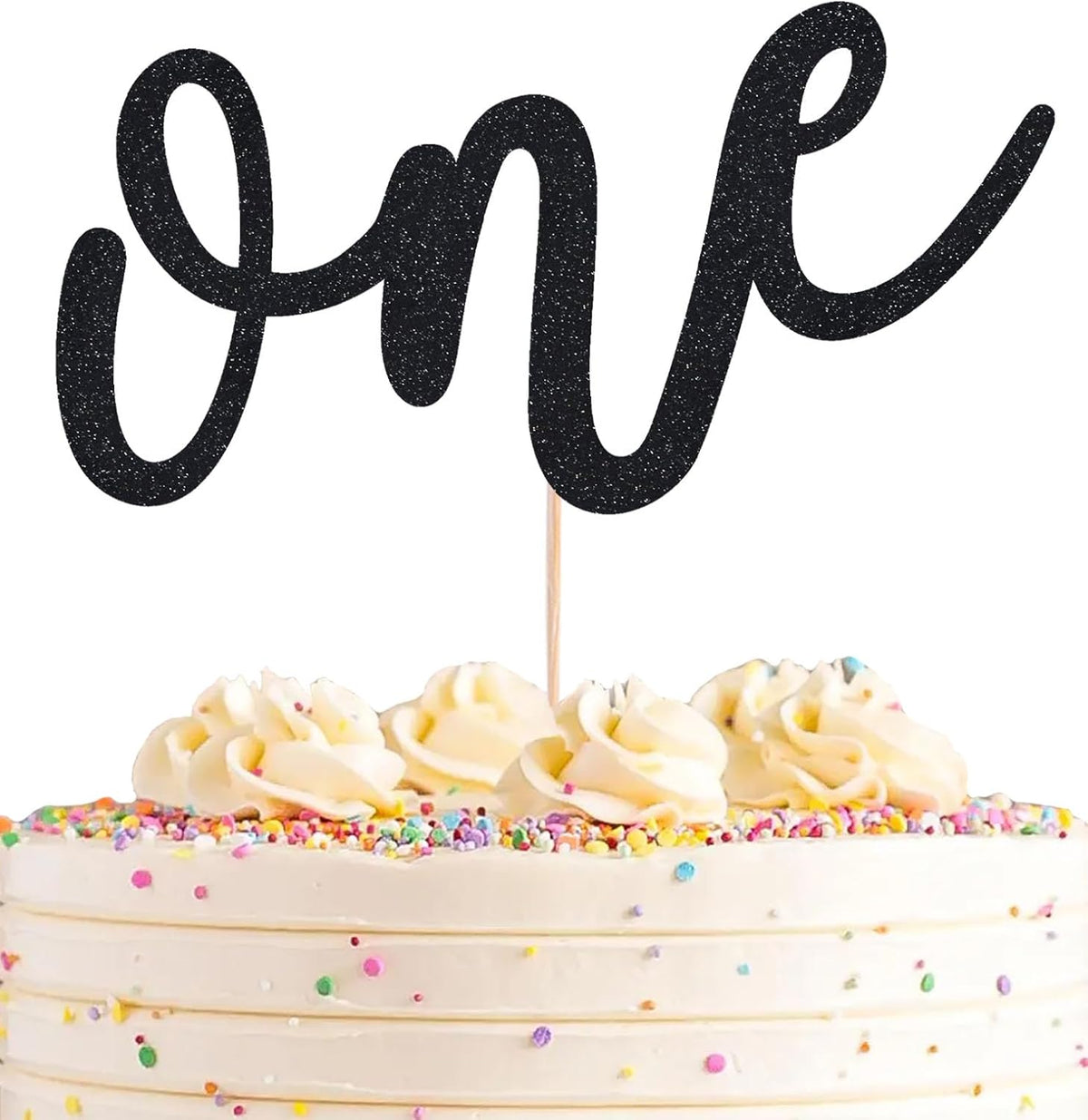First Birthday Cake Topper - Black Glitter One Cake Decorating Supplies for Girls and Boys, Perfect for Baby Shower/Gender Revealing Party/Baby Party Photo Booth Props