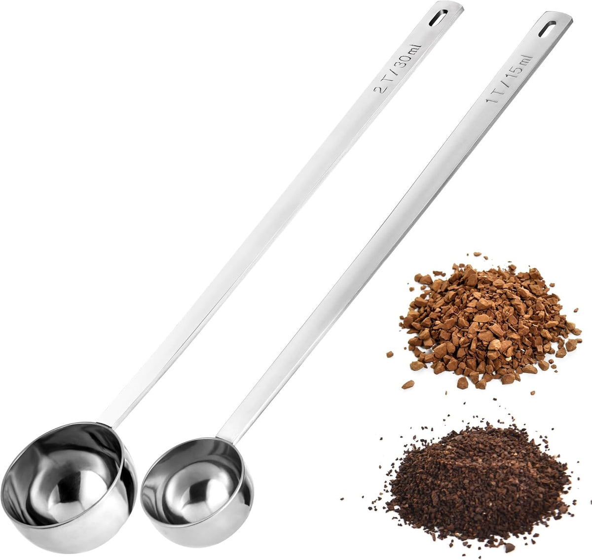 18/8 Stainless Steel Coffee Scoops, Doosu Food-Grade Metal Measuring Spoons with 8.5in Long Handle, Tablespoon Scooper for Coffee Beans, Ground Coffee, Espresso, Protein Powders, Tea (1 & 2 Tbsp)