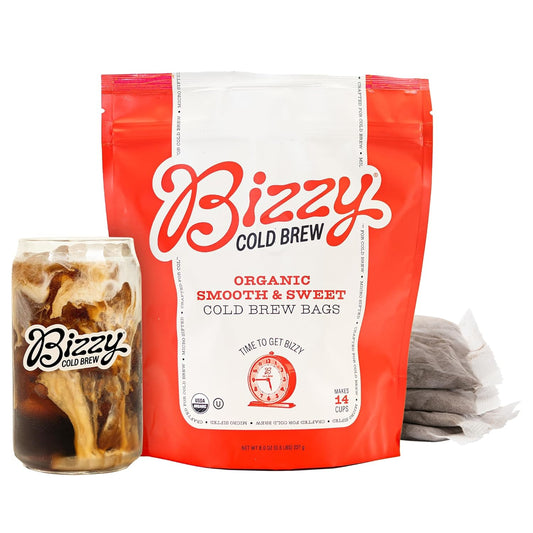 Bizzy Organic Cold Brew Coffee | Smooth & Sweet Blend | Coarse Ground Coffee | Medium Roast | Micro Sifted | Specialty Grade | 100% Arabica | Brew Bags | 4 Count | Makes 14 Cups