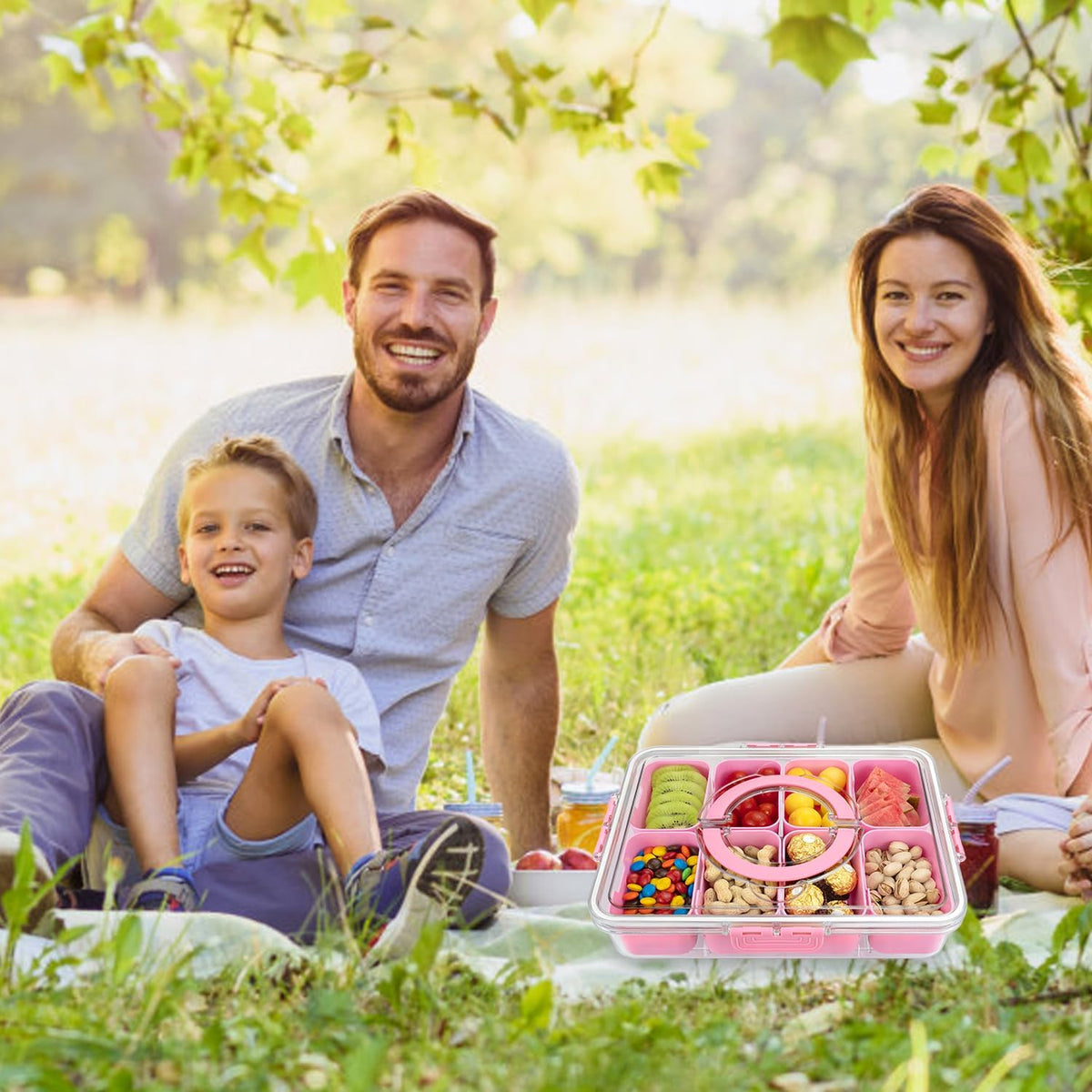 Divided Serving Tray with Lid and Handle,8 Compartments Snacks Box,Snack Fruit Tray,Veggie Tray,Portable Platter for Candy Fruits Nuts Snack Party Entertaining Picnic (2PCS Pink)
