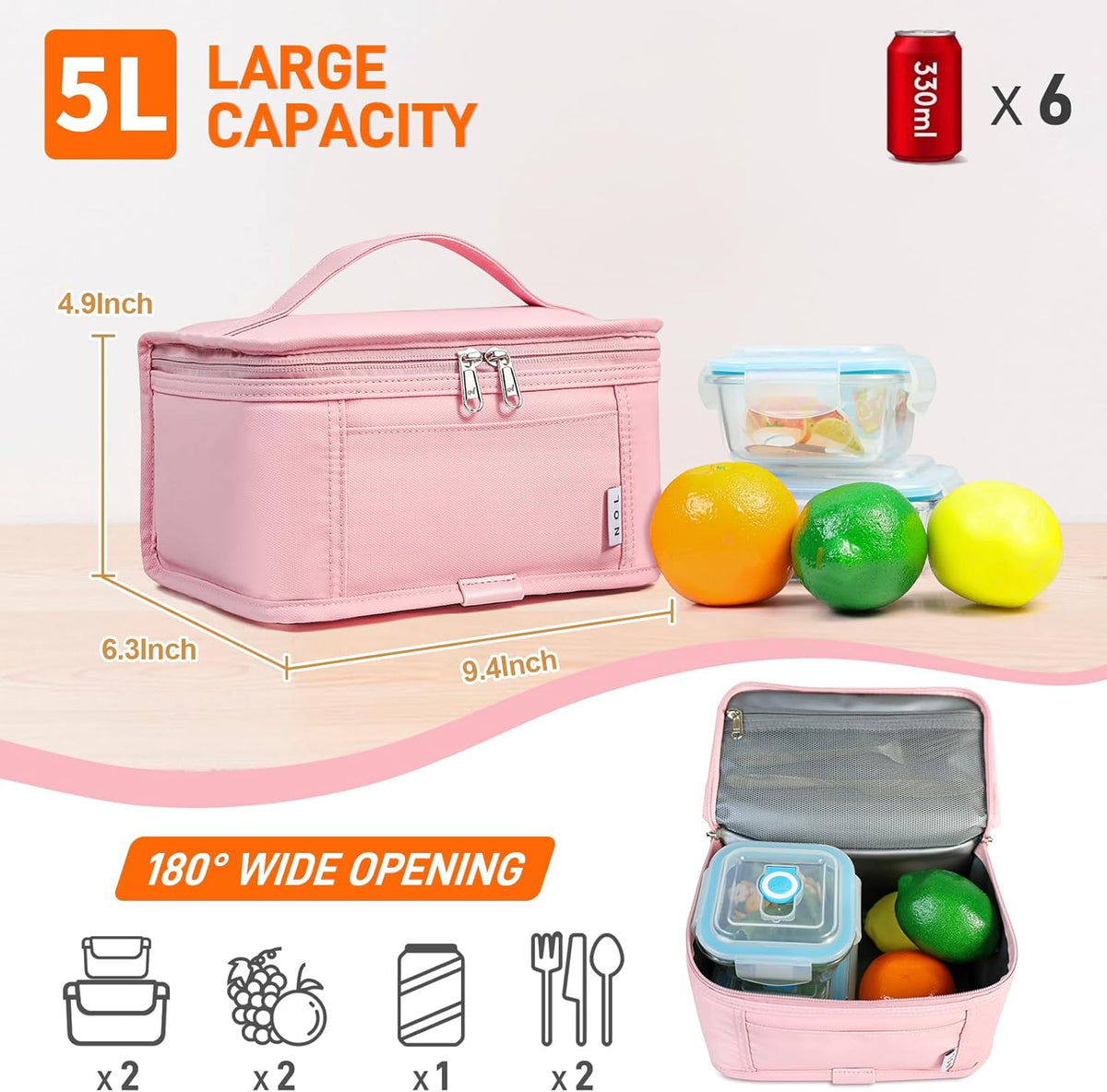 NOL Natural Organic Lifestyle Small Lunch Bag Mini Lunch Box Insulated Lunch Bag for Men/Women Leakproof Cooler Tote Bag Lightweight Nylon Waterproof Lunch Box For Work, Pink