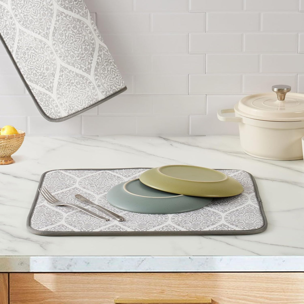 FRESHMINT Printed Dish Drying Mats for Kitchen Counter 2 Pack Absorbent Reversible Drying Mats Microfiber Kitchen Countertop Protector Dishes Drying Pad Extra Large 18"x24" Dish Mat