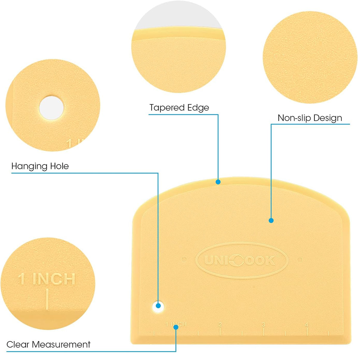 Unicook Dough Scraper, Flexible Bowl Scraper, Pastry Cutter with Measuring Scale, Nonslip Pizza Chopper, Multipurpose Baking Tool for Pizza/Dough/Cake, Easy to Clean, 2 Pack
