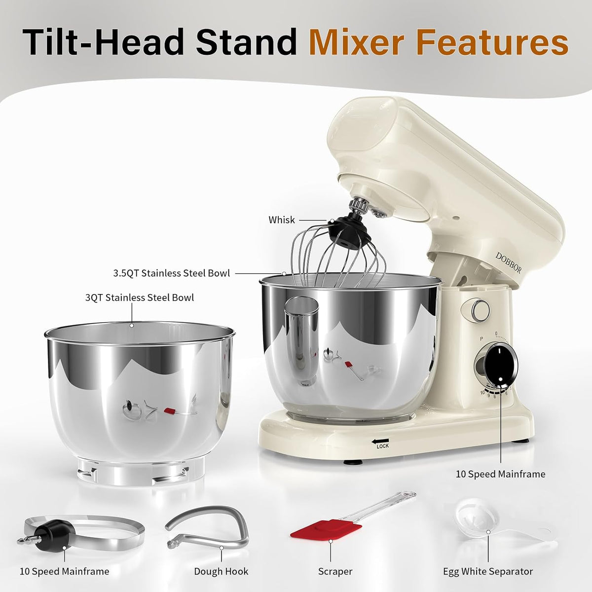Stand Mixer with 3QT+3.5QT Dual Bowls, 10-Speed Electric 300W Food Mixer - Includes Egg Whisk, Dough Hook & Flat Beater for Home Baking & Daily Cooking (White)
