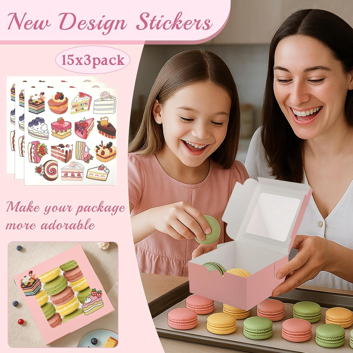 OAMCEG 30 Pack Cookie Boxes with Window, 6x6x3 Inches Pink Cupcake Boxes, Bakery Treat Boxes with Stickers & Twine for Pastry, Desserts, Strawberries, Cupcakes, Gift Giving