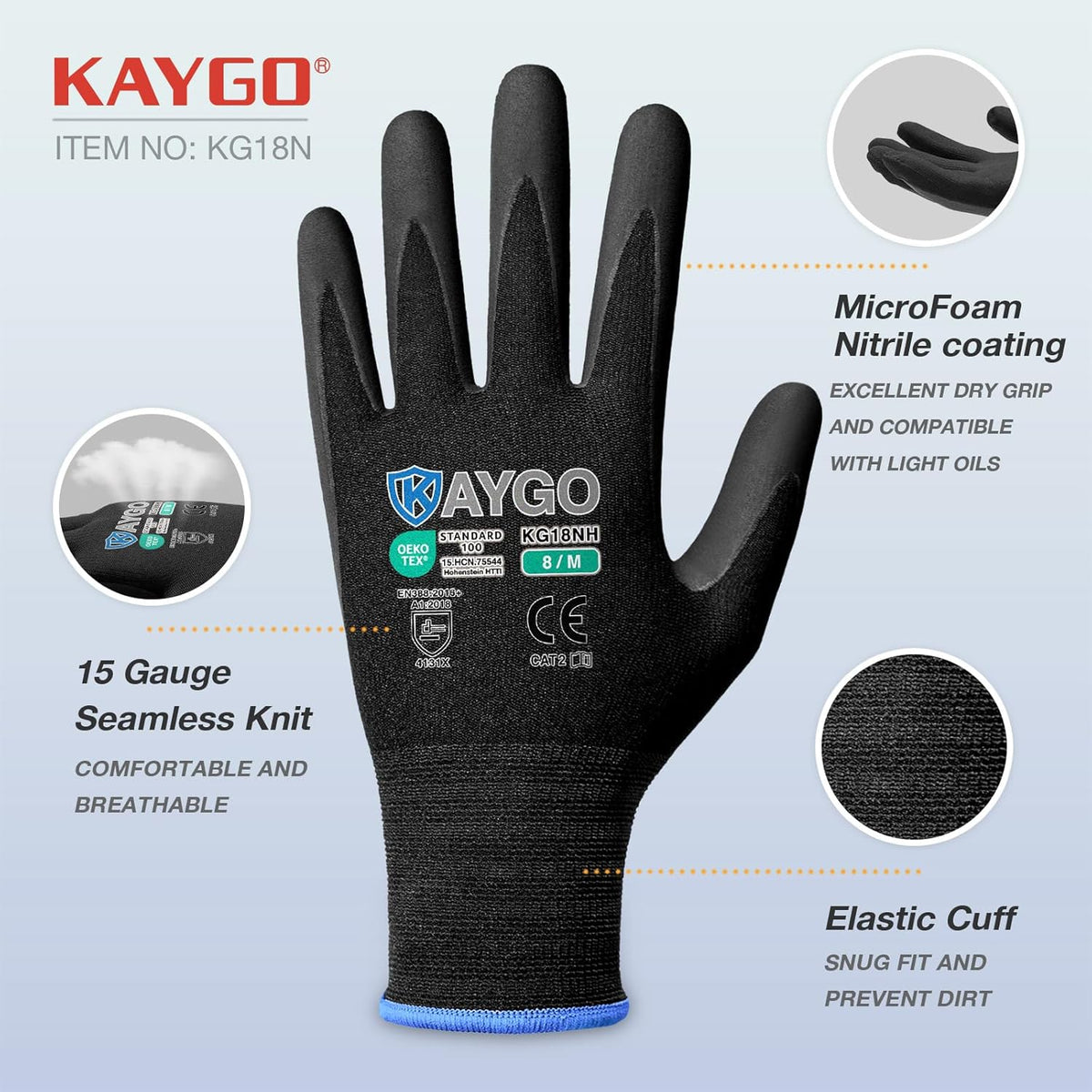 KAYGO Safety Work Gloves MicroFoam Nitrile Coated, 3 Pairs KG18NB,Seamless Knit Nylon Glove with full fingers Touchscreen, Ideal for Automotive,Warehouse,Construction (L, Black)