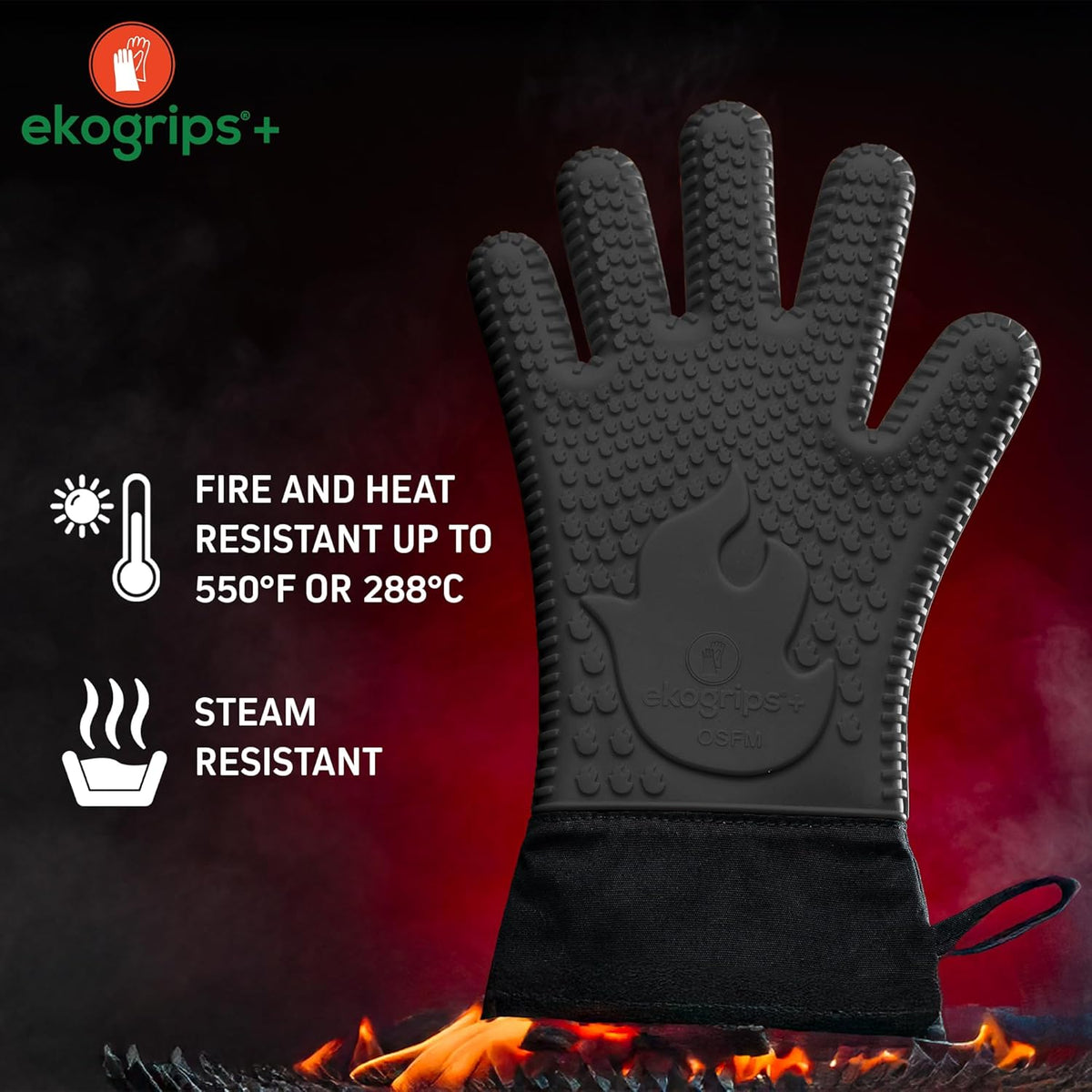 Ekogrips+ Premium Silicone Oven Mitts - Comfy, Waterproof, Heat Resistant BBQ Gloves for Grilling, Long Cuff for Added Protection, 5 Finger Dexterity, 3 Sizes, 4 Colors, S/M, Black