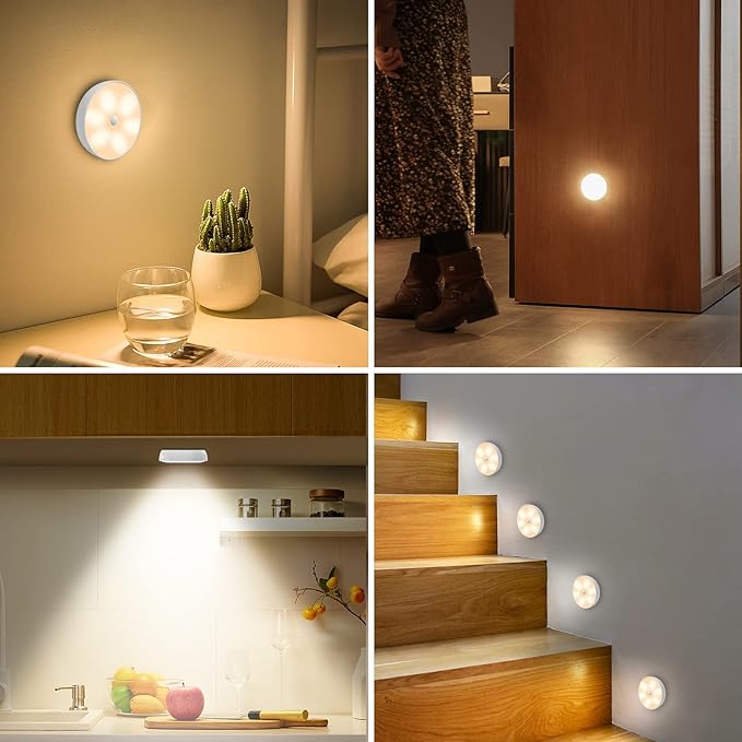 Warm Color LED Closet Lights Wireless Motion Sensor Puck Light, USB Rechargeable Battery Operated Puck Step Lights with Remote, Dimmable Under Cabinet Lighting for Counter Wardrobe Kitchen (6 Pack)