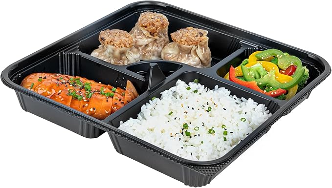 Restaurantware-Bento Tek 39.6 Ounce Meal Prep Containers, 100 Disposable To Go Food Boxes - Lids Sold Separately, 5 Compartments, Black Plastic Bento Lunch Boxes, Microwavable, Freezable