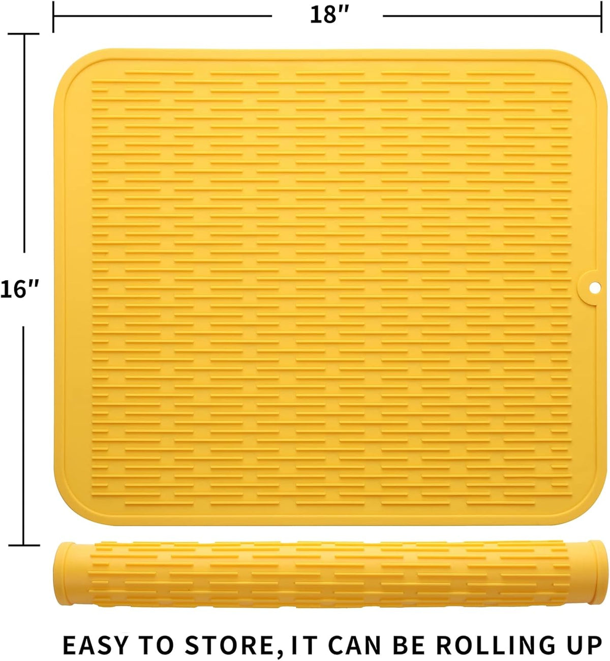 Silicone Dish Drying Mat for Multiple Usage,Easy clean,Eco-friendly,Heat-resistant Silicone Mat for Kitchen Counter or Sink,Refrigerator or Drawer Liner Yellow XL 18 inches x 16 inches