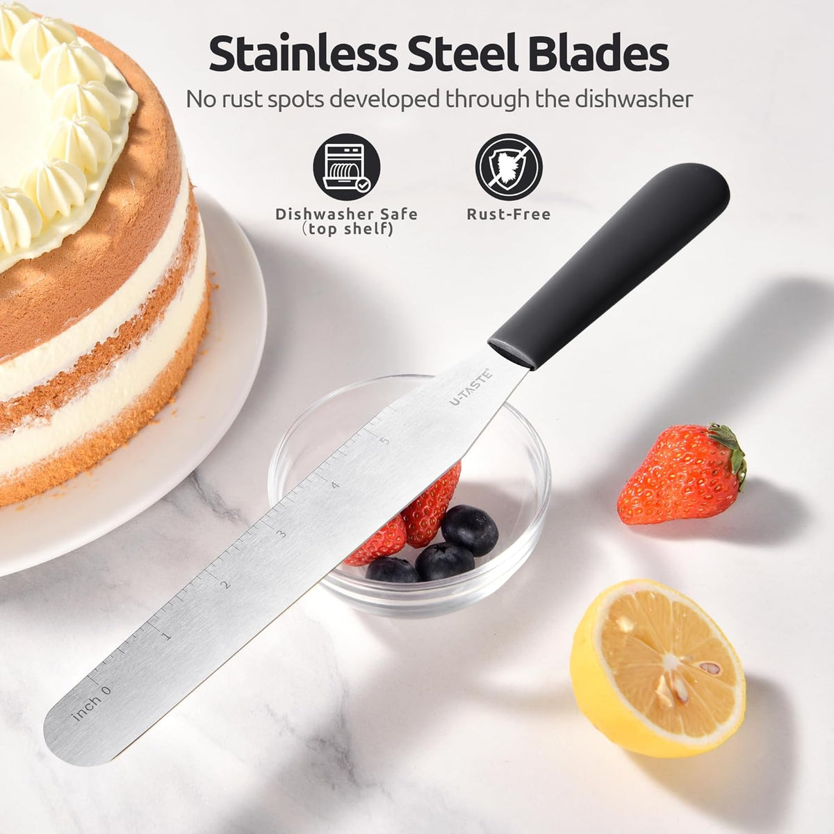 U-Taste 8in Cake Icing Spatula: Flexible Decorating Frosting Knife with Straight Thinner Stainless Steel Blade, Smooth Spreading Tools with Comfortable PP Handle for Cookie, Cream, Cupcake (Black)