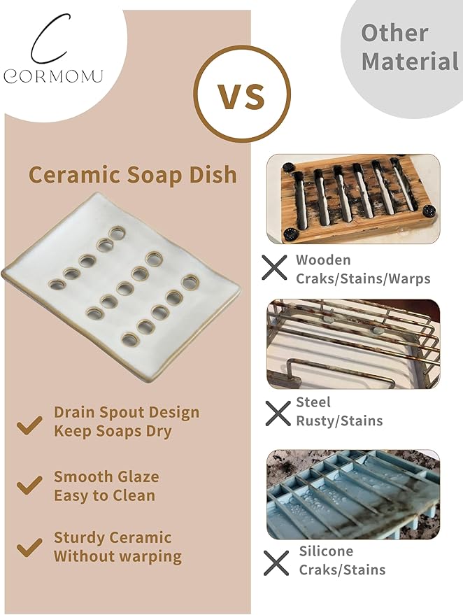 Soap Dish with Drain Spout, Bar Soap Holder for Bathroom and Kitchen Sink (White)