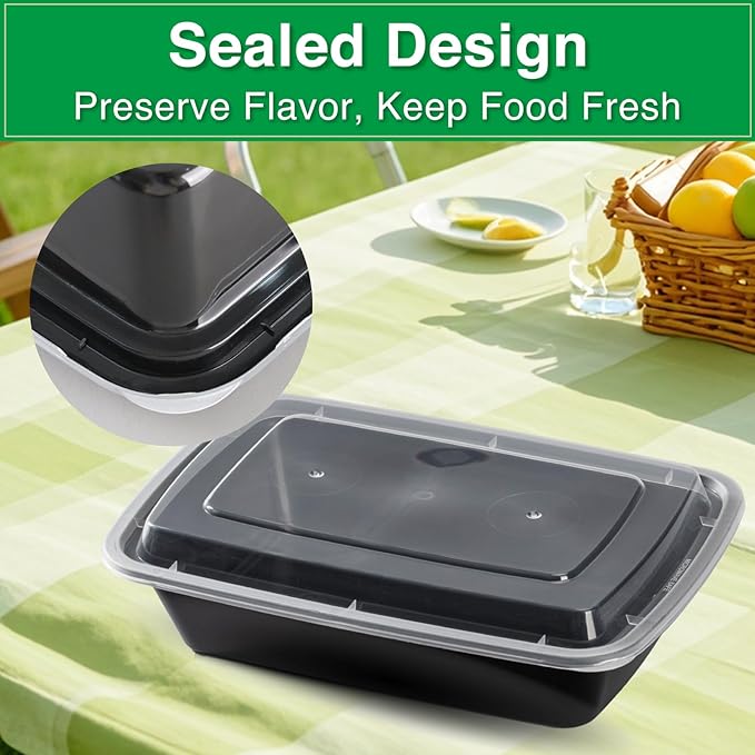 Meal Prep Containers Reusable 15 Pack-34 oz Food Storage Containers with Lids To Go Food Containers Takeout with 15 Forks, Microwave Dishwasher Freezer Safe, BPA Free, Plastic (Black)