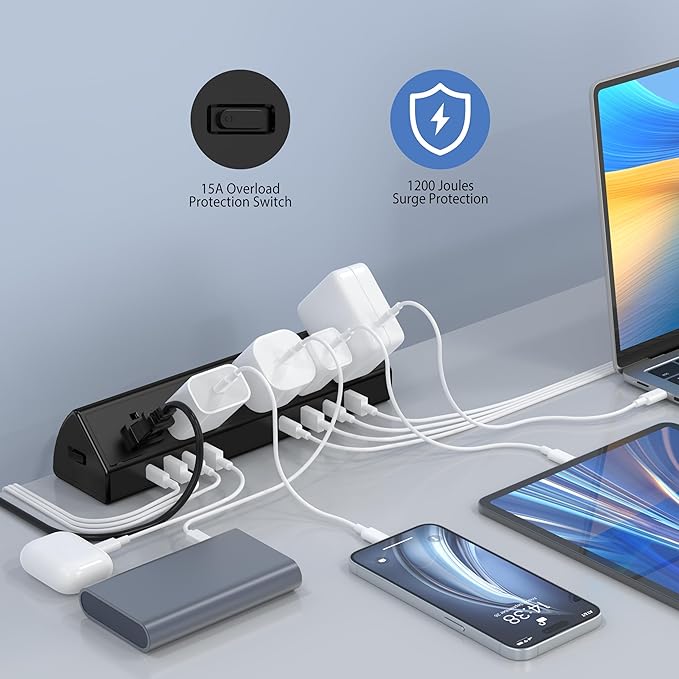 45W Fast Charging Station,Desk Clamp Power Strip,4 PD USB-C Ports,5 AC Outlets,Surge Protector Power Strip, 14AWG Heavy Duty Cord, Fits 1.9" Tabletop Edge (Black, 15 FT Cable)