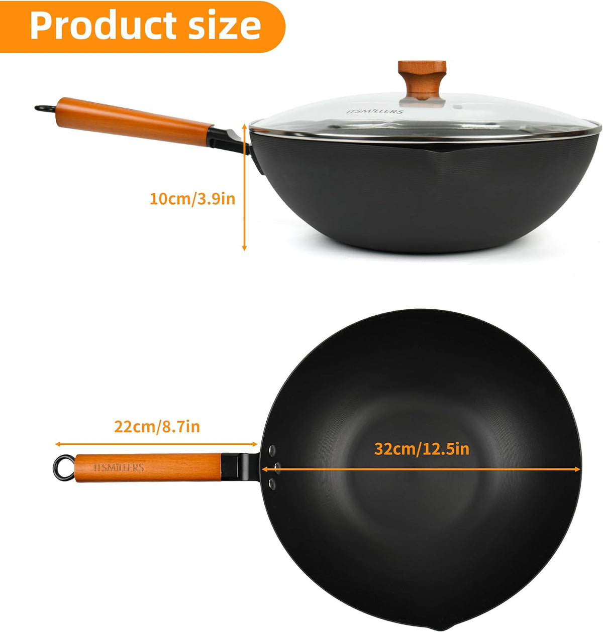 12.5-Inch Carbon Steel Wok with Lid – Pre-Seasoned Flat Bottom Stir-Fry Pan, Nonstick Wok for Induction, Gas, Electric & All Stovetops – Chinese Wok with Glass Lid
