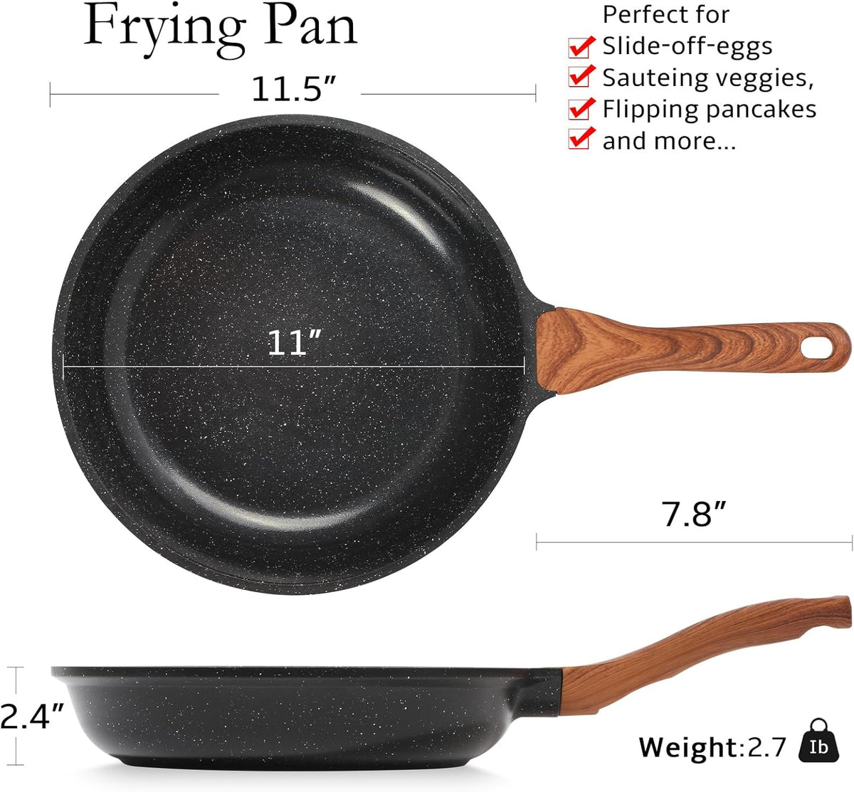 ESLITE LIFE Nonstick Ceramic Frying Pan Skillet, Non-Toxic Egg Omelette Kitchen Cooking Pans Compatible with All Stovetops (Gas, Electric & Induction), PTFE & PFOA Free (Black, 11'')