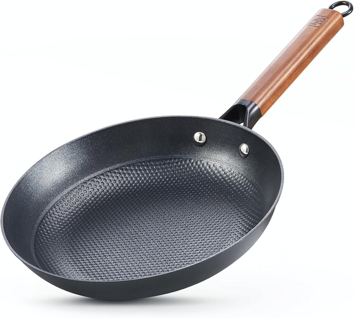 DM Cast Iron Skillet, 8 Inch Nonstick Frying Pan with Detachable Acacia Wooden Handle, Honeycomb Non stick Omelet Egg Pan, Easy Clean Oven Safe Pans for Cooking