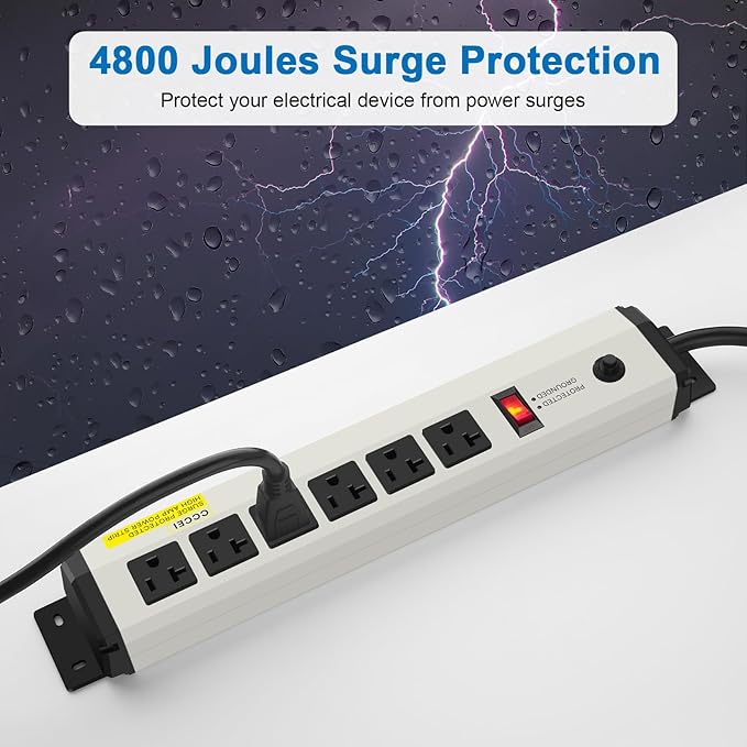 CCCEI 2 of 12 Gauge Heavy Duty Power Strip Surge Protector 4800J, 20 Amp 6 Plug Industrial Shop Garage Metal Multiple Outlet, 10FT Extension Cord 5-15P Adapter High Amp 6-20R T-Slot 20a for Appliance.