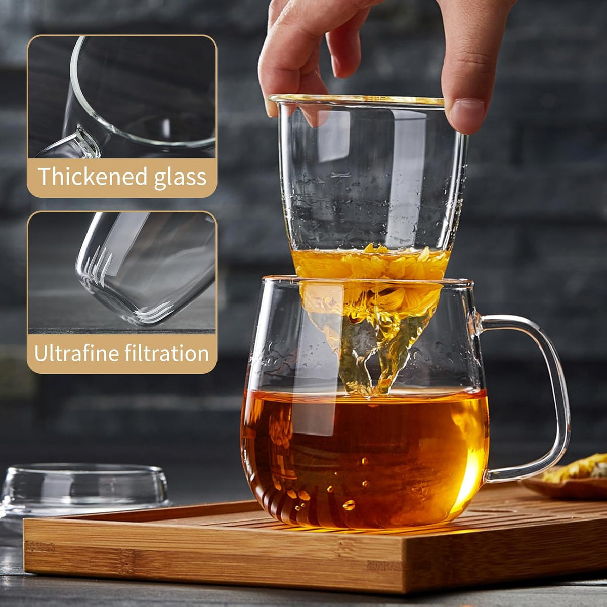 Large Glass Tea Cup, 25.6 oz Borosilicate Glass Tea Mug with Infuser and Lid, Clear Tea Cups for Brewing Scented Tea and Tea Bag