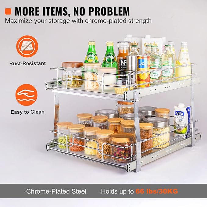 VEVOR 20"Wx21"D Pull Out Cabinet Organizer, 20"Wx21"D 2 Tier Heavy Duty Slide Out Pantry Shelves, Chrome-Plated Steel Roll Out Drawers, Sliding Drawer Storage, 21.5"Wx22"D Install Size for Cabinet