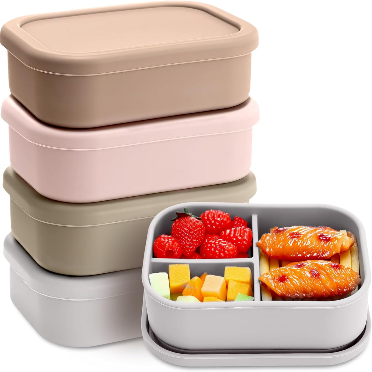Honeydak 4 Pcs Silicone Bento Lunch Box 3 Compartment Reusable Leakproof Silicone Bento Lunch Container for Adults Microwave Dishwasher Freezer Safe(Bohemian Color)