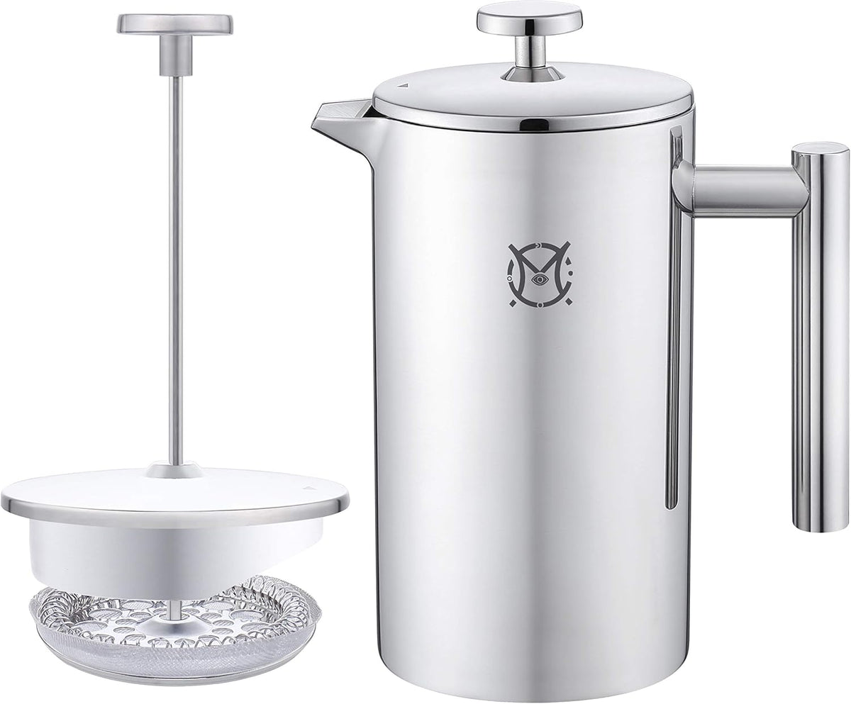 French Press Coffee Maker – Single Serve 1 Cup Small Stainless Steel Thermal Double Walled French Press 350ML/12OZ