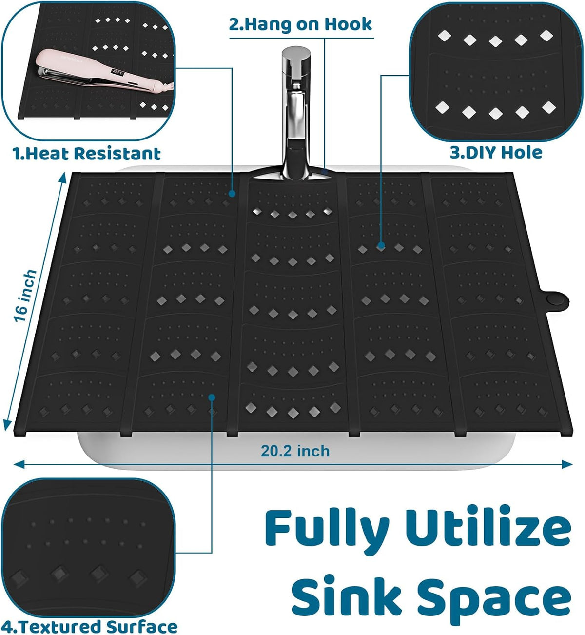 Bathroom Sink Cover for Counter Space, Sink Mat Foldable Sink Cover, Silicone Makeup Organizer Mat Space Saver, Small Bathroom & Rv Camper Travel Must Haves Accessories, Black