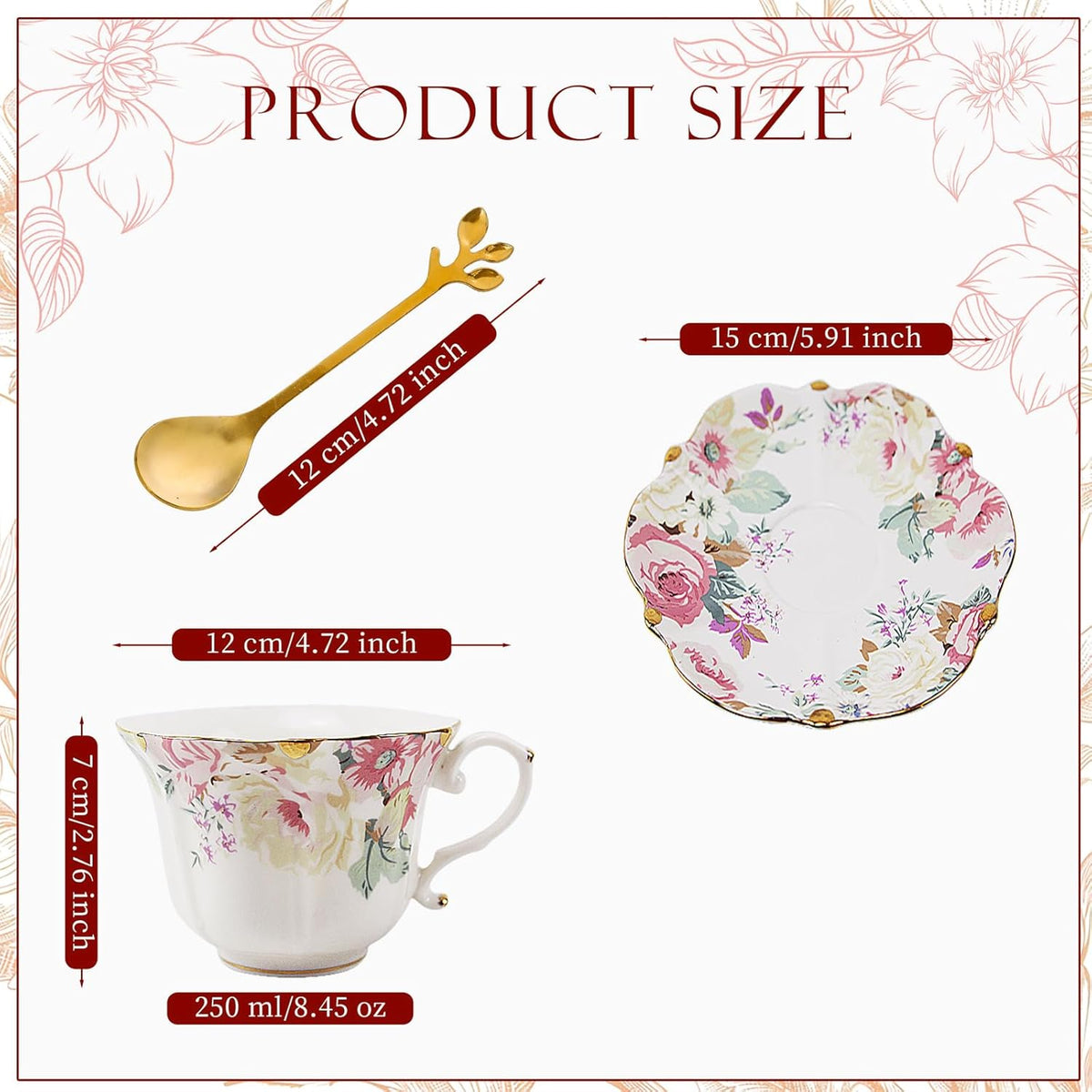 TATSUMI Country Roses Bone China Tea Cup and Saucer Set, 6 Pieces, Vintage Style, For Women and Tea Parties(Pink,2 Set)