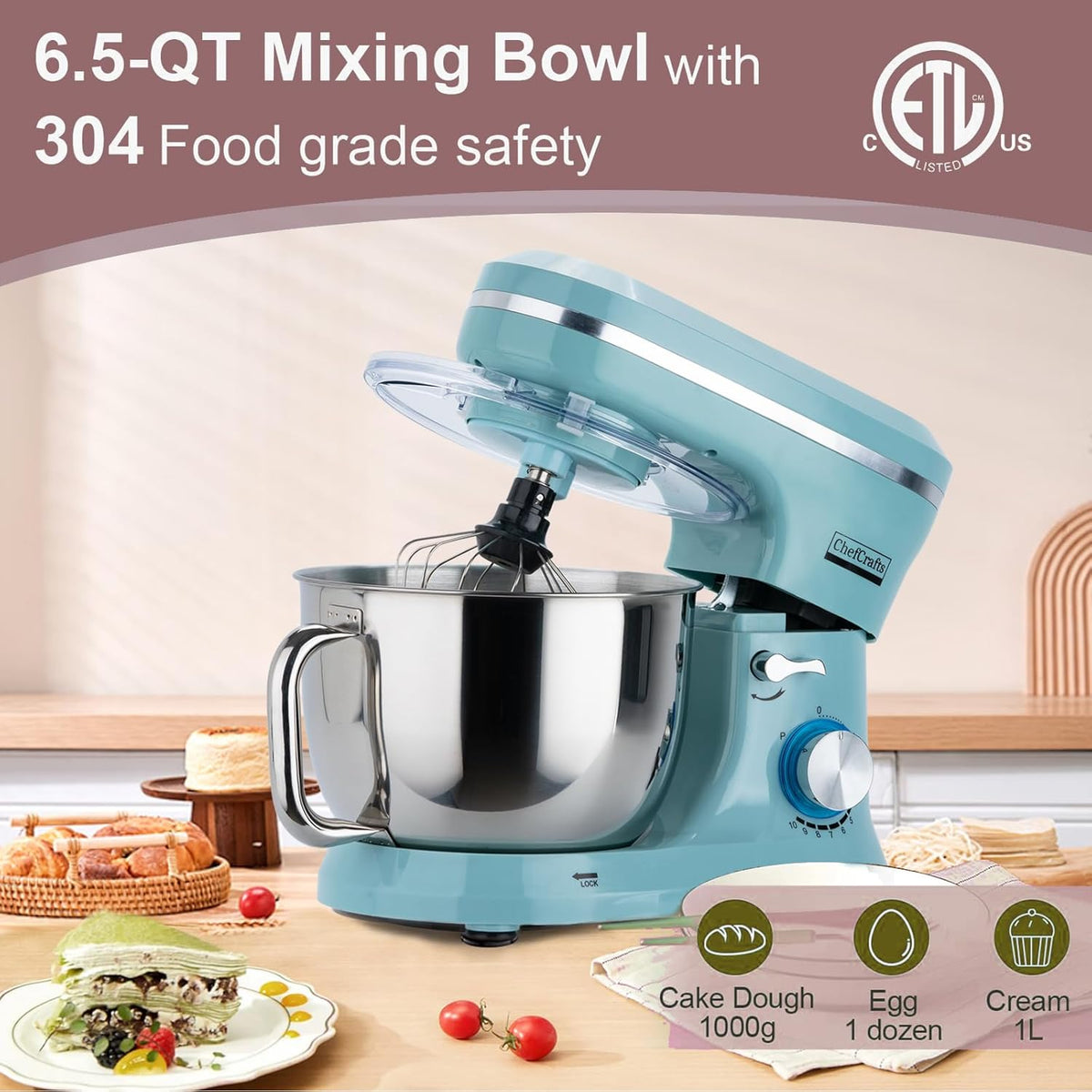 Electric Stand Mixer with 6.5 Quart Bowl, Household Food Mixer 10+p Speeds 660W, Kitchen Tilt-Head Bread Dough and Cake Mixers with Dough Hook, Whisk, Beater, Splash Guard and Egg Separator (Blue)