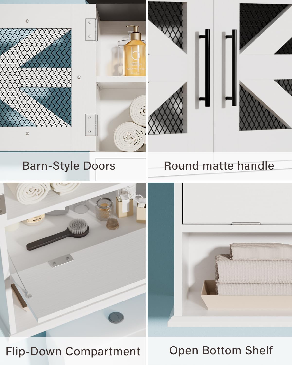 Wall Mounted Bathroom Cabinet with Double Doors, Flip-Down Storage and Open Shelf, Modern White Finish, Over-The-Toilet Space Saver Cabinet