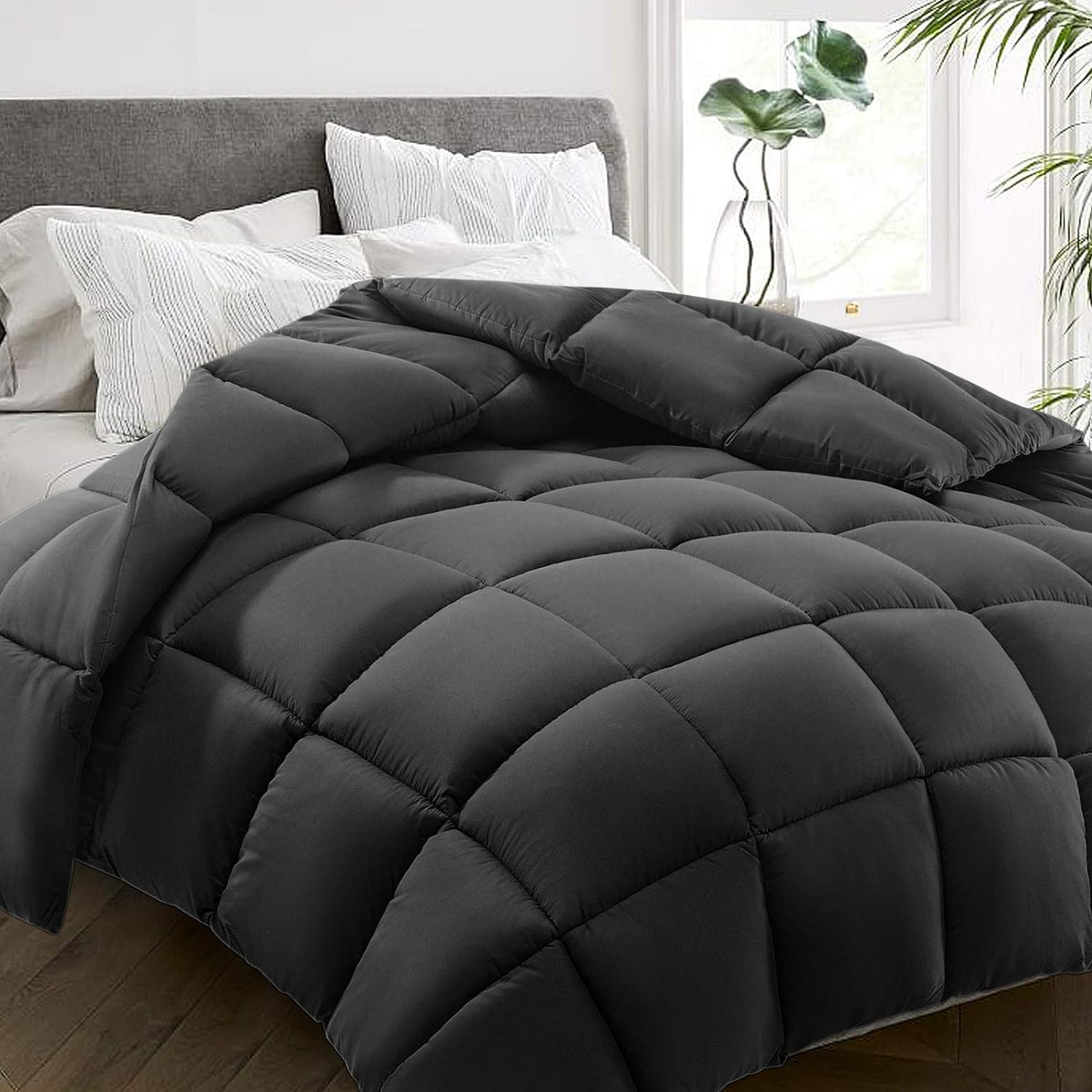HYLEORY All Season Twin Size Bed Comforter - Cooling Down Alternative Quilted Duvet Insert with Corner Tabs - Winter Warm - Machine Washable - Dark Grey