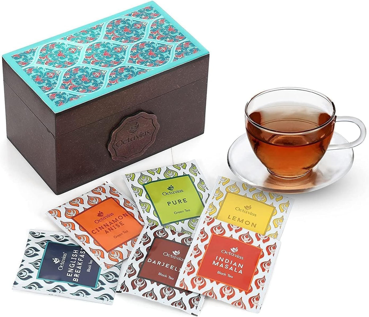 Octavius Assorted Tea Gift Set | 6 Assorted Black & Green Teas | 30 Teabags | Wooden Tea Sampler Pack w/Ornate Floral Design | Pack of 2 | Mothers Day Tea Gift Box