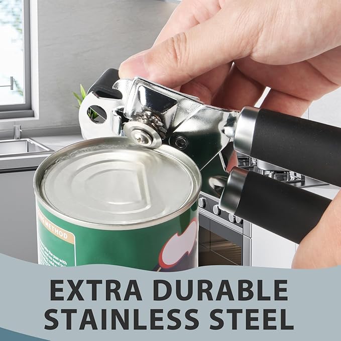 Can Opener Manual, Heavy Duty Handheld Strong Can Opener with Soft Touch Handle, Sharp Blade Smooth Edge, Can Openers with Multifunctional Bottle Opener, Black