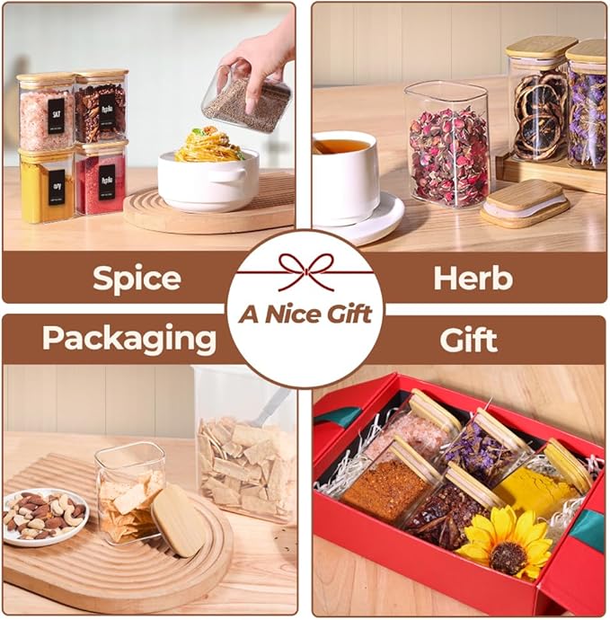 Comsaf Spice Jars with Label，8 oz Small Glass Jars with Lids, 6 Pcs Seasoning Containers, Rectangle Glass Containers with Lids, Empty Seasoning Jars for Pantry Storage, Loose Tea, Herbs, Powders, Salt