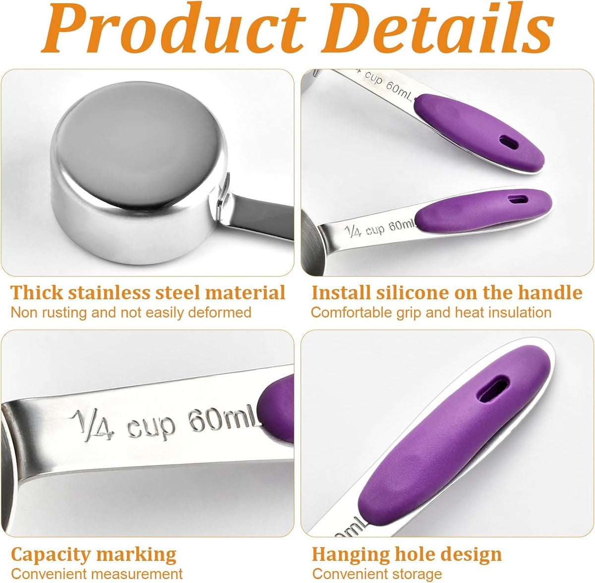 10 Pcs 1/4 Measuring Cup, 2 Oz Stainless Steel Scoop with Silicone Handle, Metal Mini Measuring Scoops Kitchen Gadgets for Cooking Baking,Coffee Bean Pet Food,Ingredients,Purple