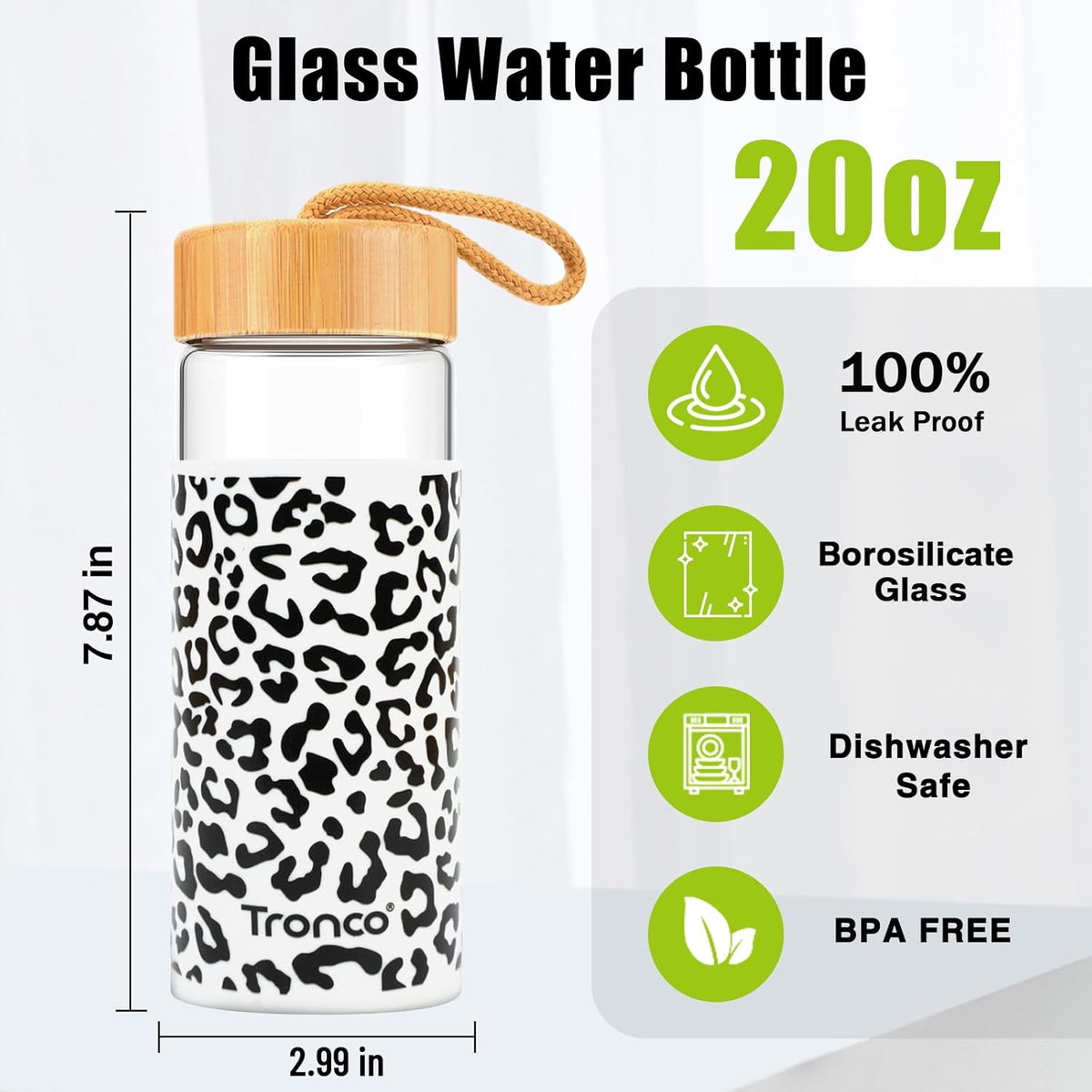 Tronco 20oz Glass Water Bottles with Bamboo Lid & Silicone Sleeve, Leak Proof, BPA Free, Reusable Borosilicate Glass Bottles for Juicing, Smoothies, Juice & Water, for Men & Women Gym, Office, Travel