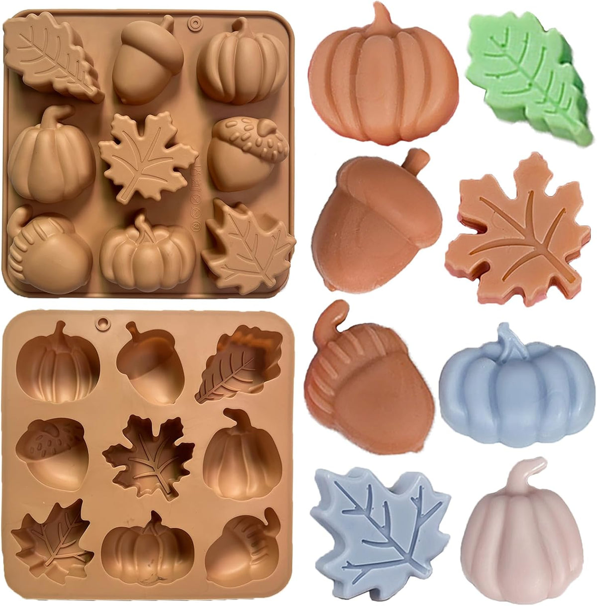2Pcs Fall Silicone Molds Autumn Silicone Chocolate Molds, Thanksgiving Candy Mold, Fall Chocolate Molds, Leafs Acorns Pumpkins Shape for Thanksgiving Halloween Autumn Harvest, Nude Color