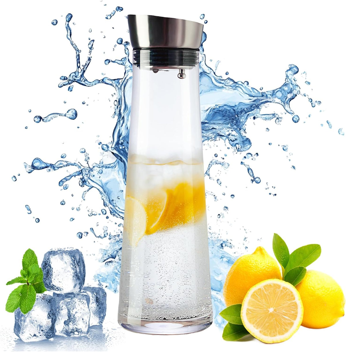 Glass Water Carafe with Lid,1200ml Glass Juice Pitcher with Stainless Steel Gravity Lid,Clear Water Pitcher for Ice Tea, Lemonade, Coffee,Juice Beverage,40 oz