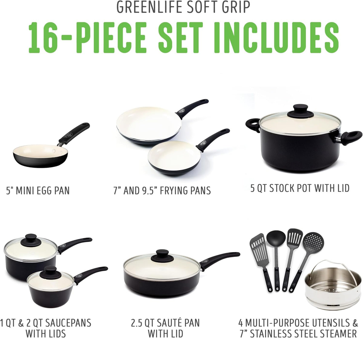 GreenLife 16 Piece Nonstick Cookware Set, Soft Grip Non-Toxic PFAS-Free Ceramic Pots & Pans, Dishwasher & Oven Safe, Frying, Sauce, Utensils, Glass Lids, Stay-Cool Handles, Wobble Free, Black & Cream