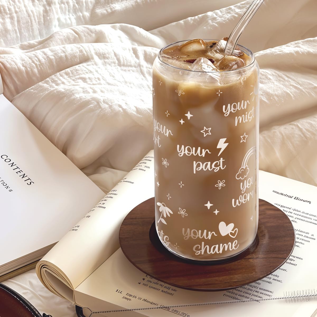 Christian Inspiration16oz Can Glass Tumbler with Bamboo Lid & Straw, Inspirarional Iced Coffee Cup for Women Girls, Religious Gift for Birthday Christmas